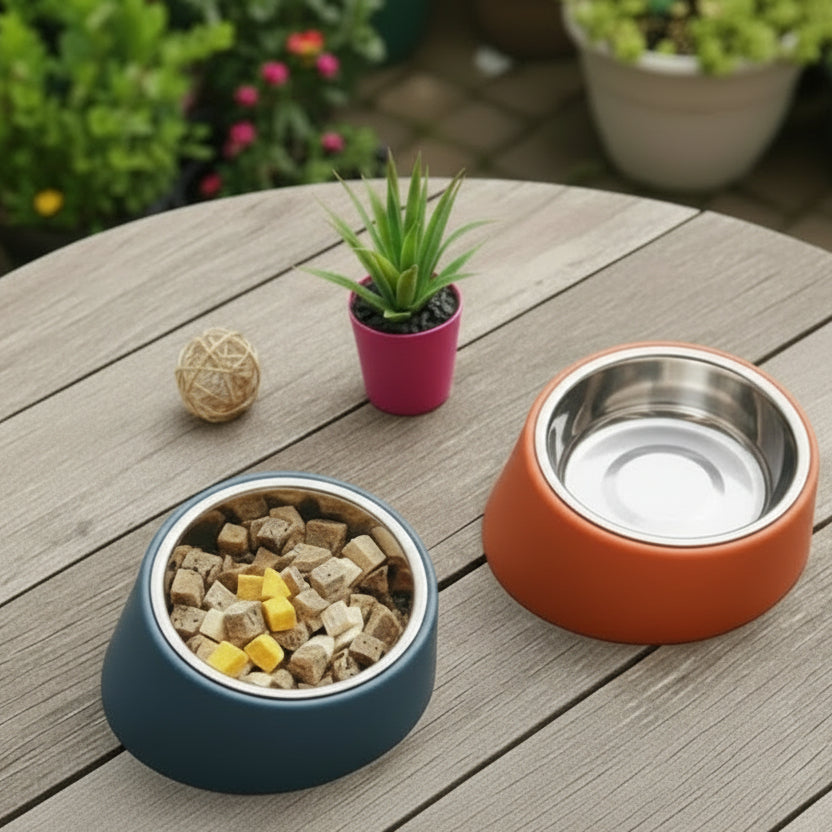 Stainless steel dog feeder with ergonomic neck protection design