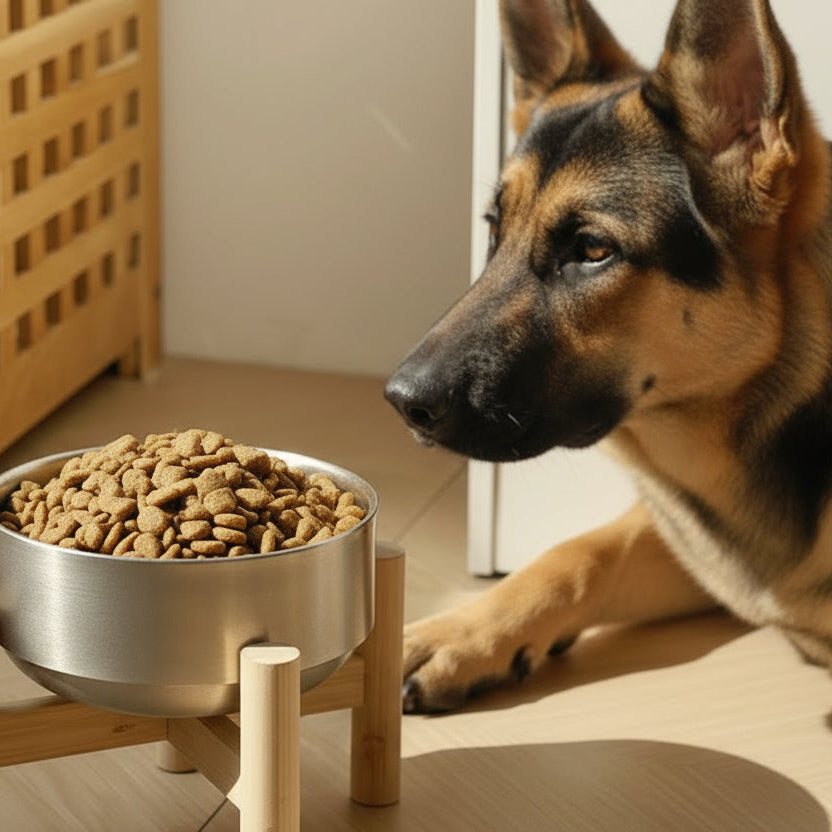 Premium stainless steel feeding bowl with wood support