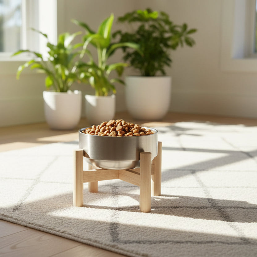 Premium stainless steel feeding bowl with wood support