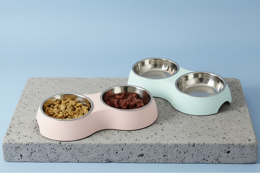 Double pet food bowl stainless steel with elevated design