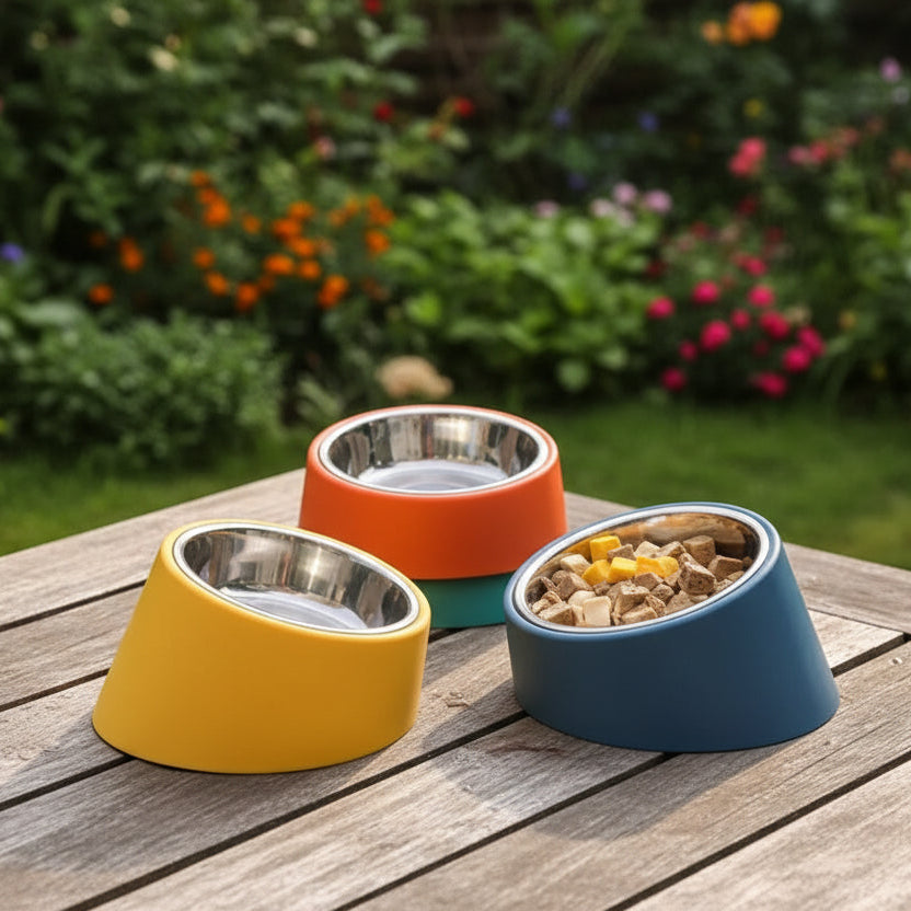 Stainless steel dog feeder with ergonomic neck protection design